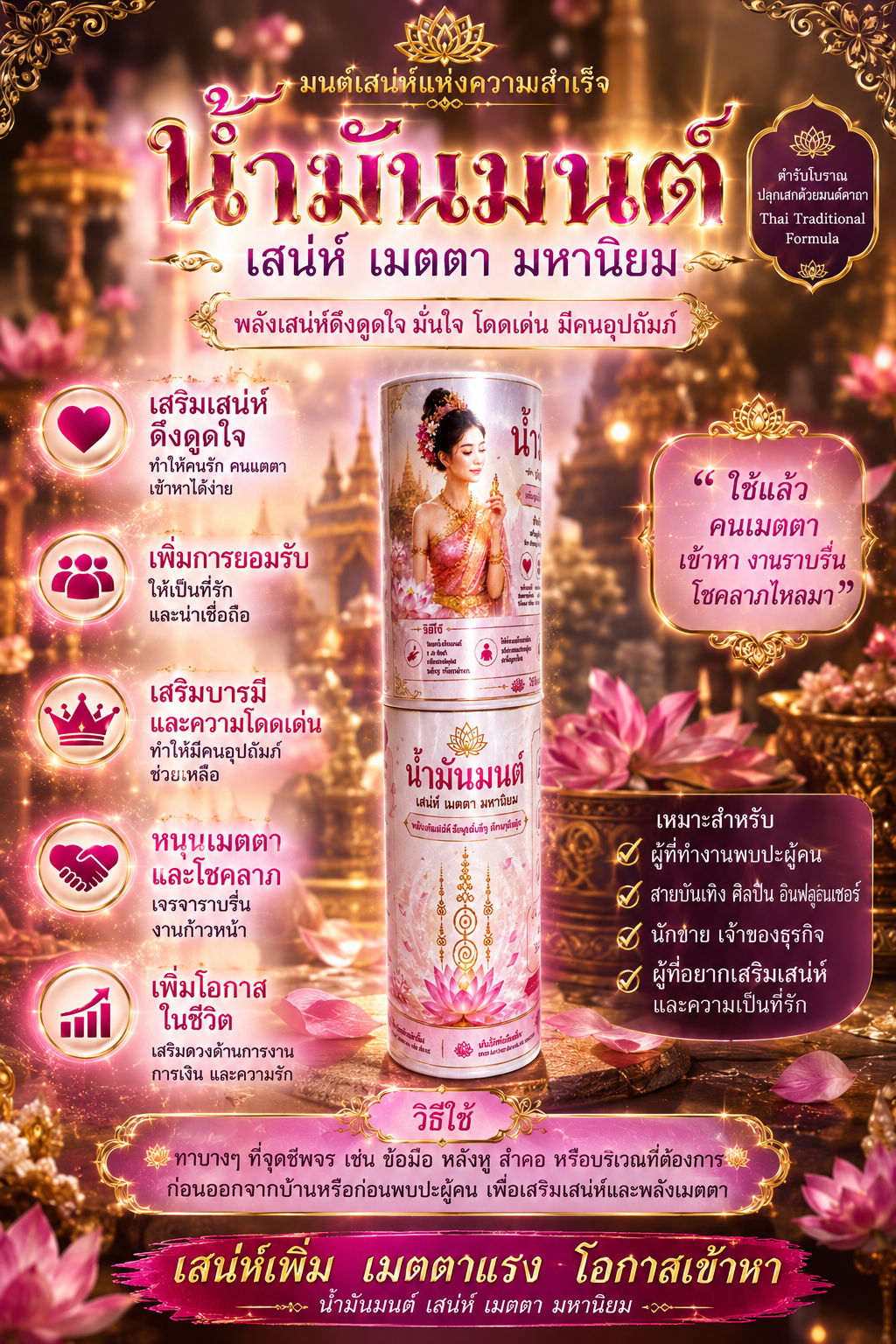 Nam Man Mon Sanae Metta Mahaniyom, a Thai charm oil for attraction and good fortune, bottle on a rose-pink background