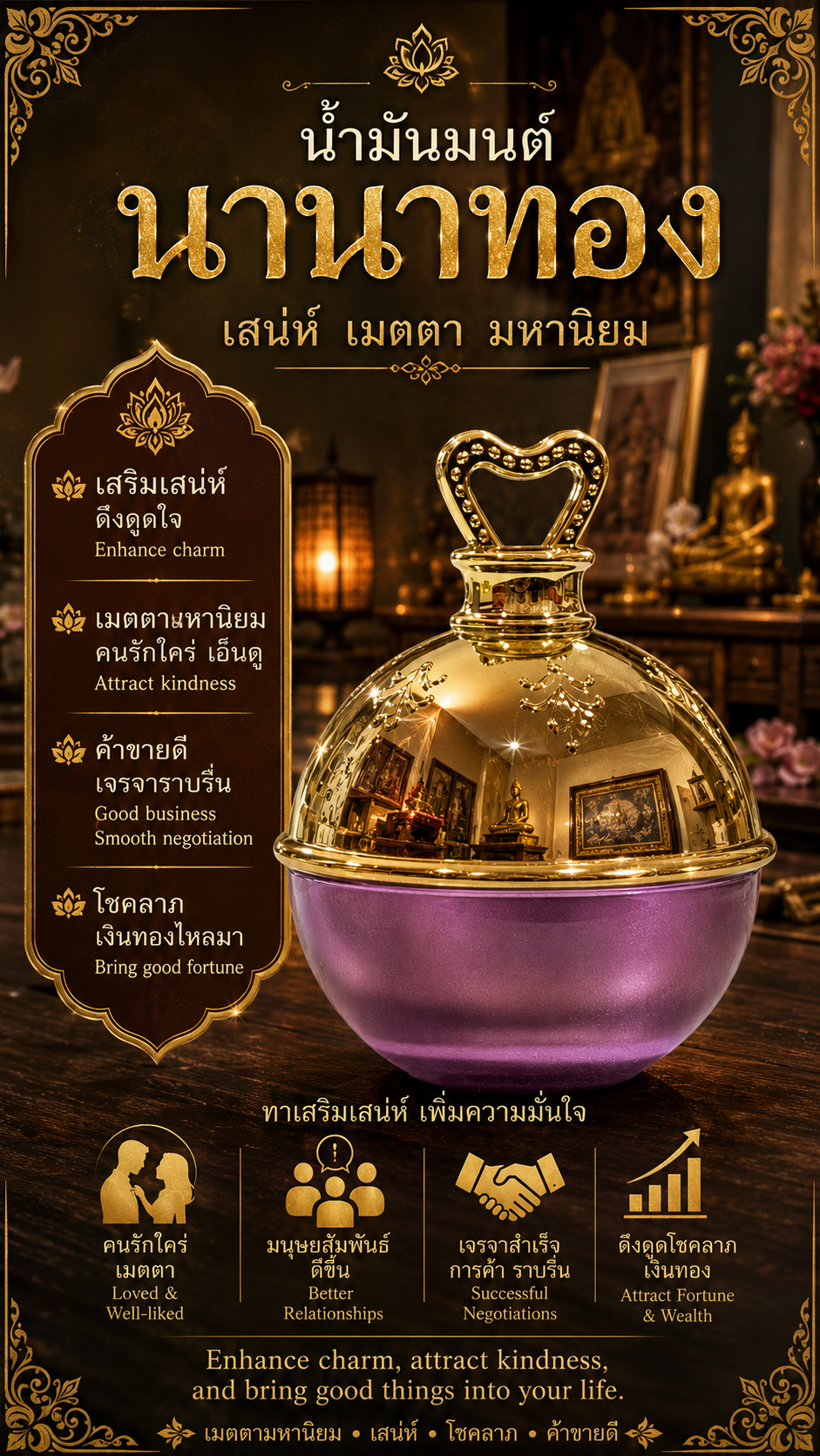 Nanathong charm balm in a gold jar with a heart-shaped handle — a Thai amulet for personal magnetism, goodwill and good trade