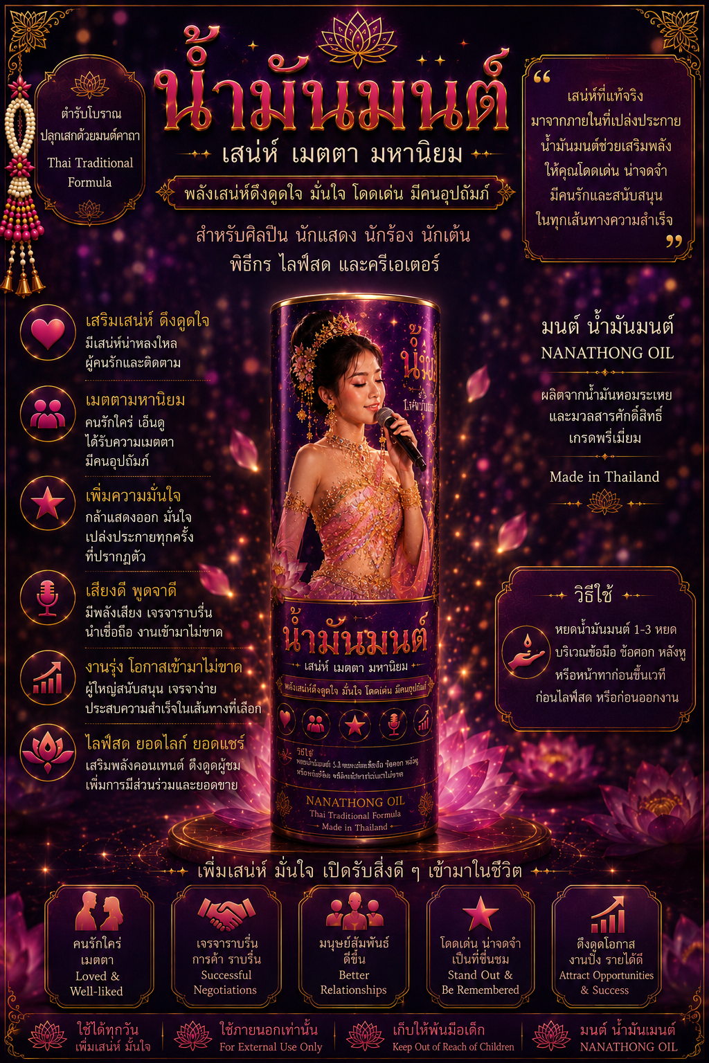 Nanathong Oil, a consecrated Thai charm oil for performers, package on a deep purple background with a singer